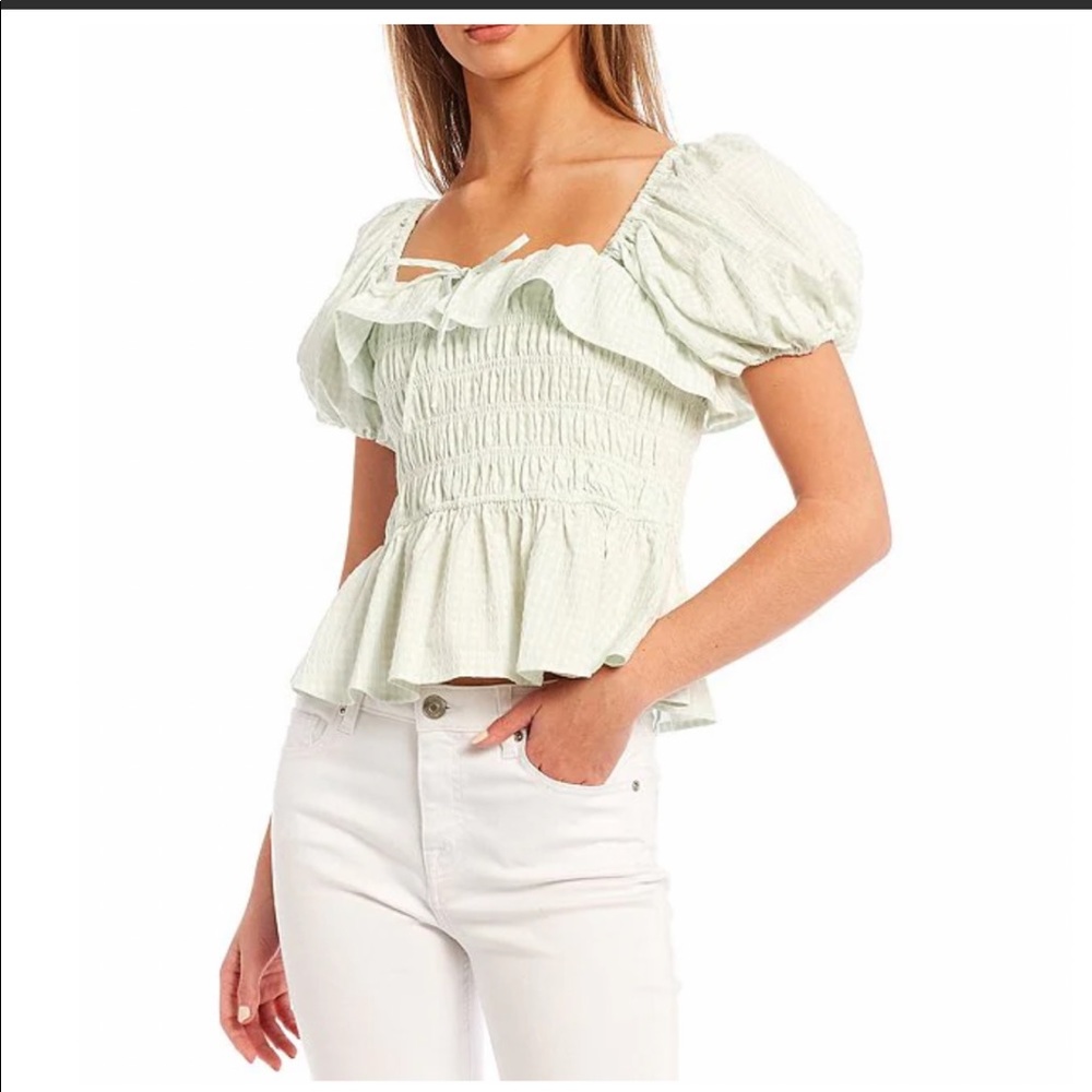 NWT Antonio Melani Shayla Square Neck Short Puff Sleeve Gingham Peplum Blouse